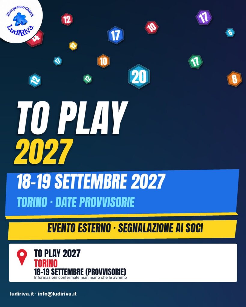 Locandina: TO Play 2027. A Torino, date provvisorie sabato 18 e domenica 19 settembre 2027. Segnalazione ai soci.